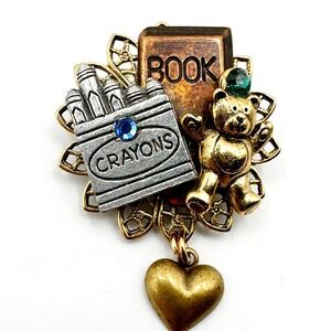 Vintage Teacher Brooch Pin Crayons Book Teddy Bear Charms Rhinestone Accents